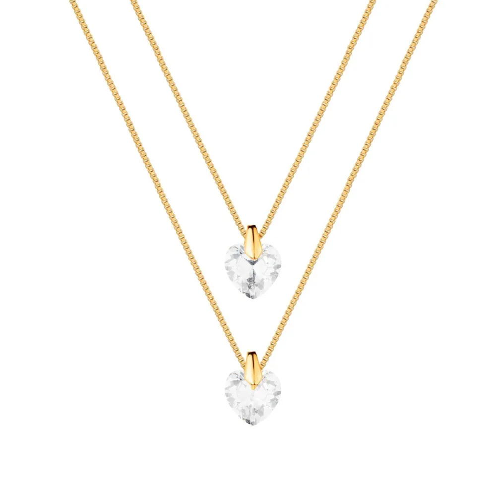 Colar Dourado Duplo de Coração em Cristal